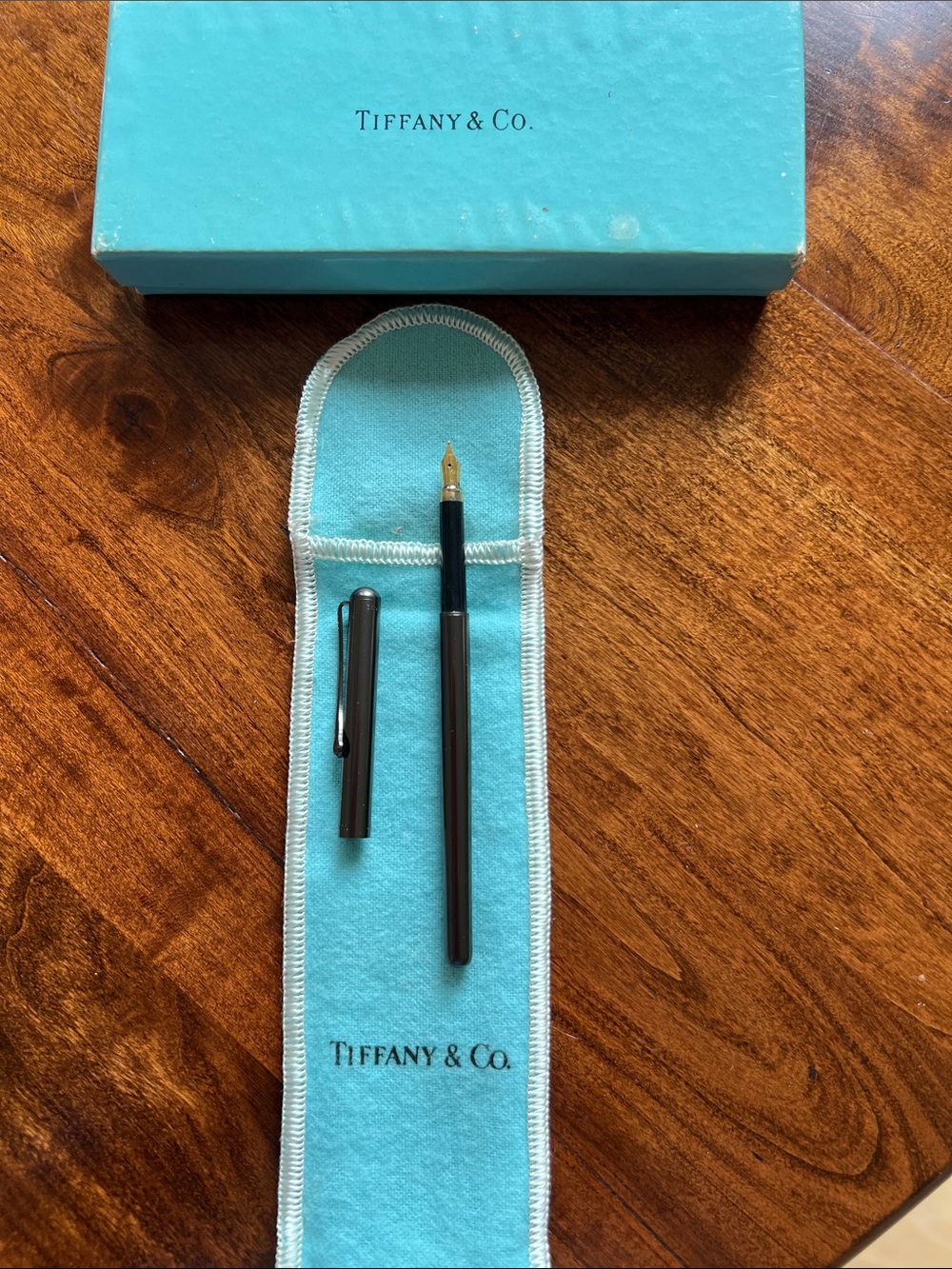 Tiffany & Co. Black Fountain Pen and Tiffany Blue Pouch and box. Elsa Peretti